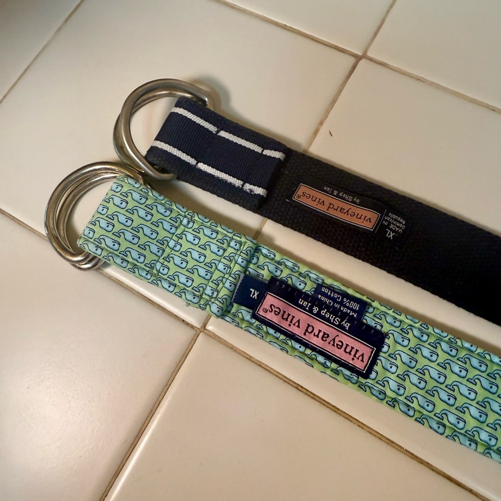 EUC Vintage Y2K Mens Vineyard Vines Whale Pattern and Navy Striped Belts